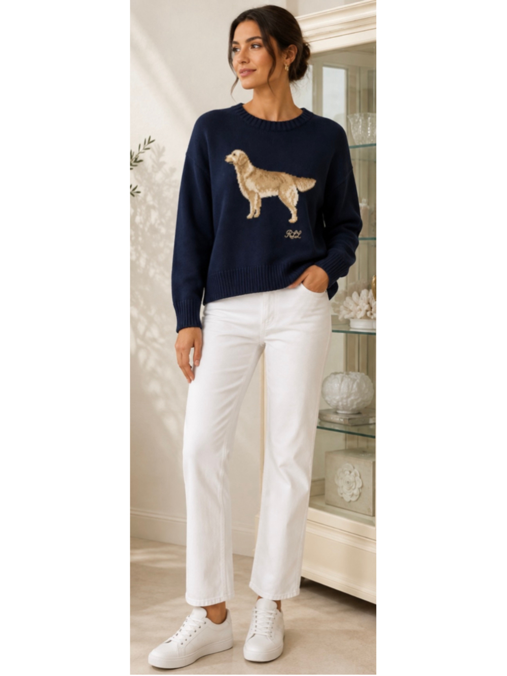 Lauren Ralph Lauren Dog Graphic Crew Neck Sweater Navy XL 100% Cotton